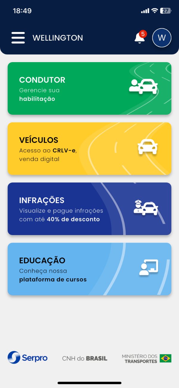 Tela inicial com os botões Condutor, Veículos, Infrações e Educação