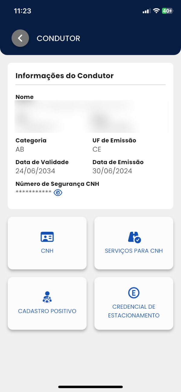Tela Condutor com o botão Serviços para CNH