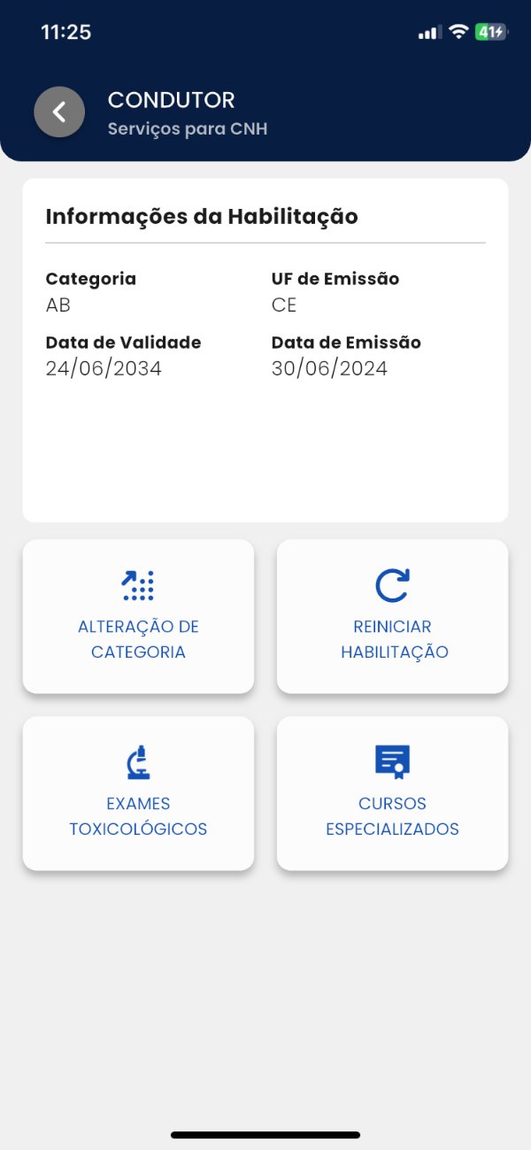 Tela Serviços para CNH com o botão Cursos Especializados